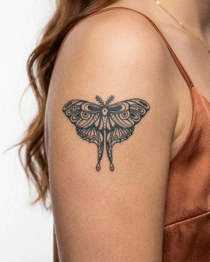 INKY Mystic Moth semi-permanent tattoo applied on a woman – 3 x 3 in (7x7 cm) design, realistic ink look, lasts 10 days
