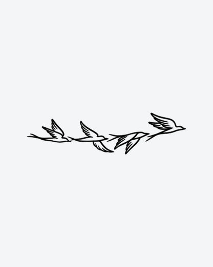 Bird Flight semi-permanent tattoo design by INKY – Fine Line, Bird, Swallow, Silhouette illustration, 2 x 4 in (6x10 cm), available at inkytatt.com