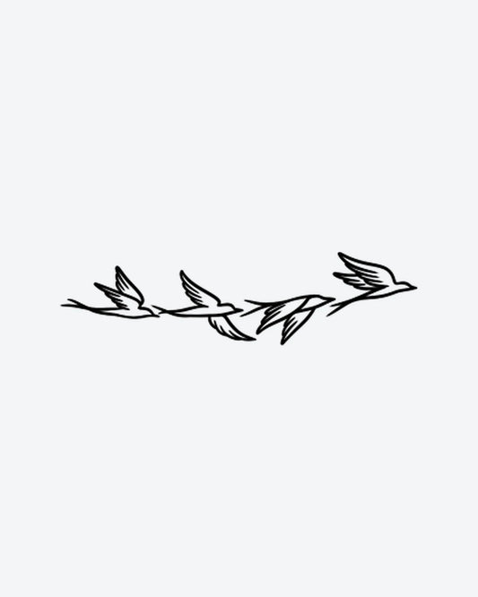 Bird Flight semi-permanent tattoo design by INKY – Fine Line, Bird, Swallow, Silhouette illustration, 2 x 4 in (6x10 cm), available at inkytatt.com