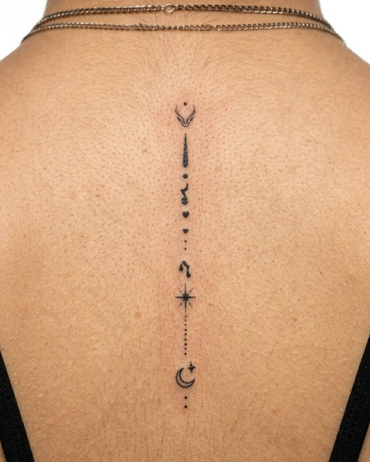 INKY Cosmic Flow semi-permanent tattoo applied on a woman – 2 x 4 in (6x10 cm) design, realistic ink look, lasts 10 days