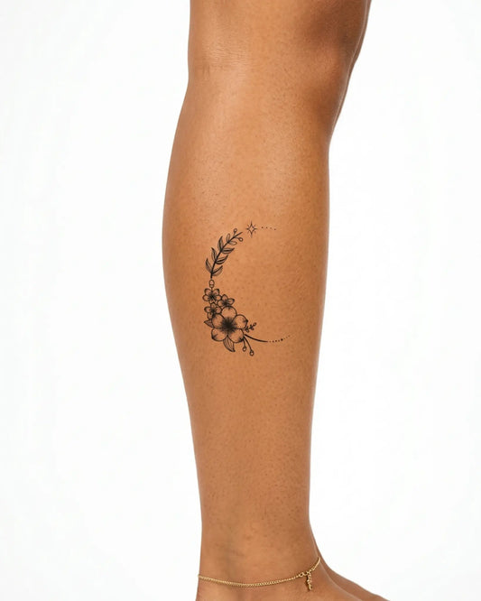 INKY Floral Moon semi-permanent tattoo applied on a woman – 3 x 3 in (7x7 cm) design, realistic ink look, lasts 10 days