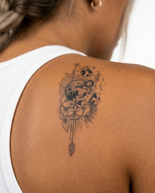 INKY Mystic Cosmos semi-permanent tattoo applied on a woman – 2 x 4 in (6x10 cm) design, realistic ink look, lasts 10 days