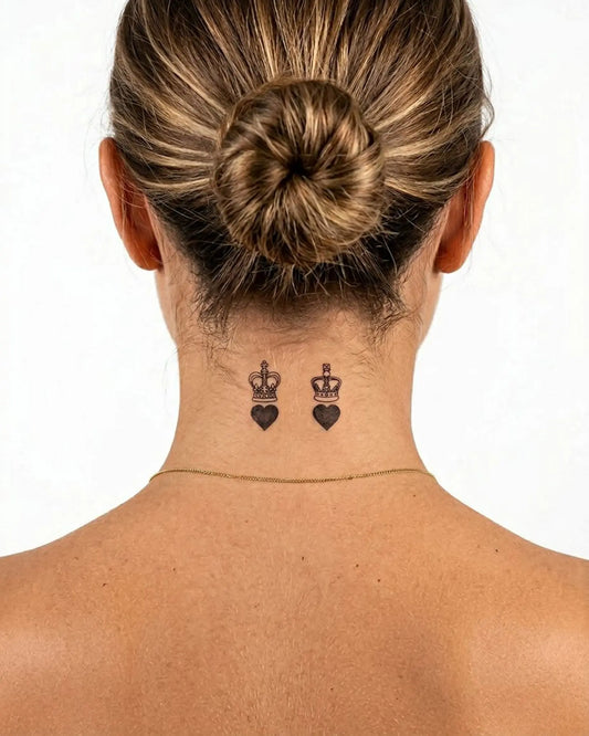 INKY His & Hers semi-permanent tattoo applied on a woman – 2 x 2 in (4x4 cm) design, realistic ink look, lasts 10 days