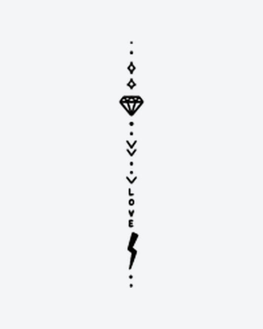 Love Bolt semi-permanent tattoo design by INKY – Fine Line, Arrow, Diamond, Lightning, Bolt illustration, 2 x 4 in (6x10 cm), available at inkytatt.com