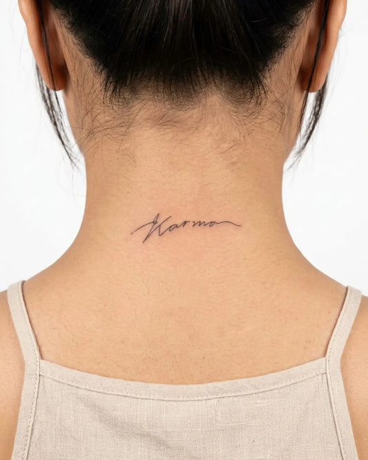 INKY Karma Script semi-permanent tattoo applied on a woman – 2 x 2 in (4x4 cm) design, realistic ink look, lasts 10 days