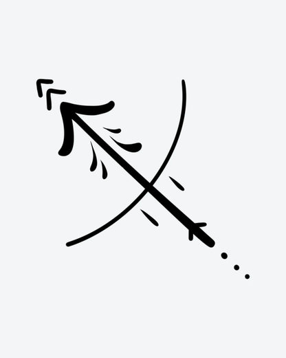 Scorpio 2 semi-permanent tattoo design by INKY – Leaf, Arrow, Bow, Dots illustration, 0.5 x 0.5 in (1x1 cm), available at inkytatt.com