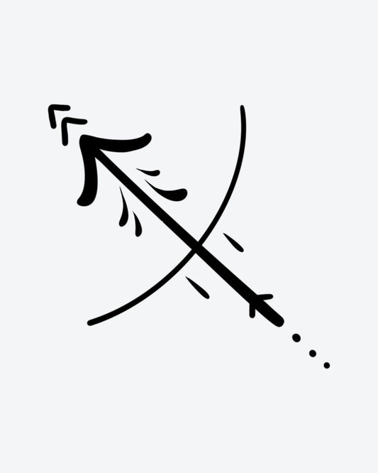 Scorpio 2 semi-permanent tattoo design by INKY – Leaf, Arrow, Bow, Dots illustration, 0.5 x 0.5 in (1x1 cm), available at inkytatt.com