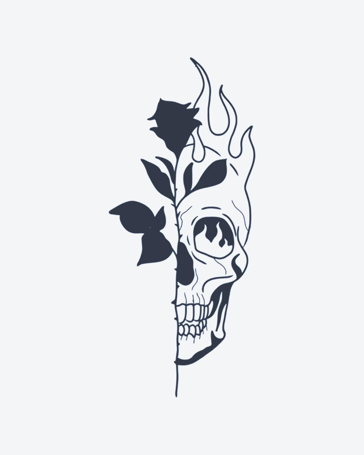 Skull Bloom 3 semi-permanent tattoo design by INKY – Fine Line, Rose, Leaves, Skull, Eye illustration, 2 x 4 in (6x10 cm), available at inkytatt.com
