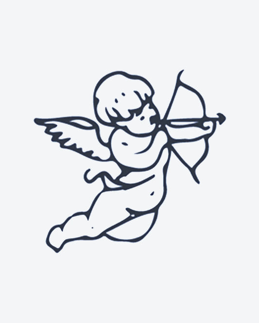 Love Archer semi-permanent tattoo design by INKY – Line Art, Arrow, Wings, Bow, Hand illustration, 0.5 x 0.5 in (1x1 cm), available at inkytatt.com