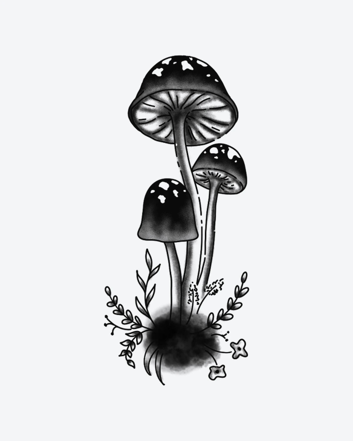 Mystic Shroom semi-permanent tattoo design by INKY – Fine Line, Flower, Mushroom, Stem illustration, 2 x 4 in (6x10 cm), available at inkytatt.com