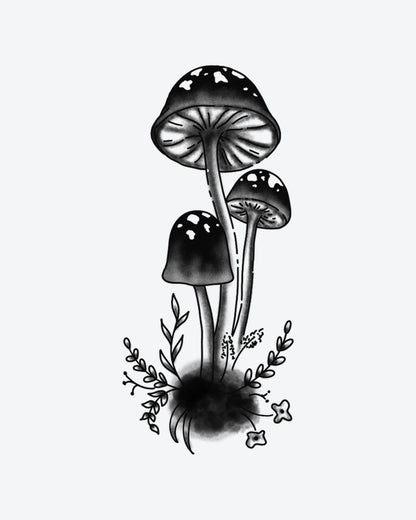 Mystic Shroom semi-permanent tattoo design by INKY – Fine Line, Flower, Mushroom, Stem illustration, 2 x 4 in (6x10 cm), available at inkytatt.com