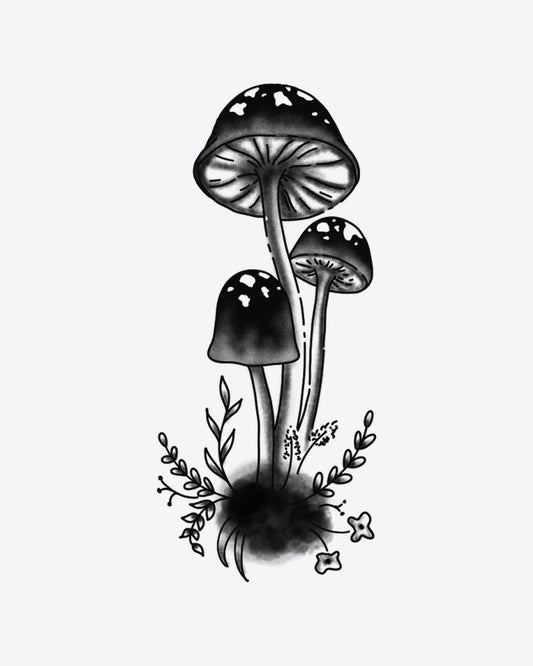 Mystic Shroom semi-permanent tattoo design by INKY – Fine Line, Flower, Mushroom, Stem illustration, 2 x 4 in (6x10 cm), available at inkytatt.com