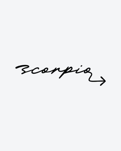 Scorpio Scrip semi-permanent tattoo design by INKY – Arrow, Scorpio illustration, 2 x 2 in (4x4 cm), available at inkytatt.com