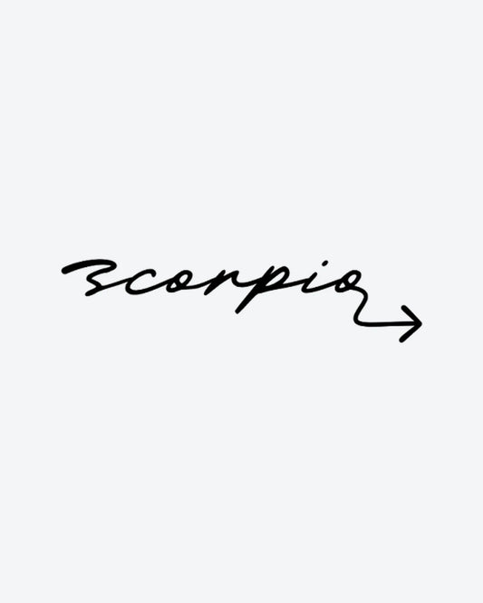 Scorpio Scrip semi-permanent tattoo design by INKY – Arrow, Scorpio illustration, 2 x 2 in (4x4 cm), available at inkytatt.com