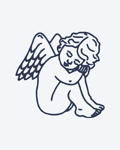 Sweet Cherub semi-permanent tattoo design by INKY – Fine Line, Eye, Wings illustration, 0.5 x 0.5 in (1x1 cm), available at inkytatt.com