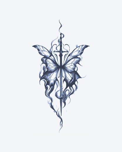 Winged Sword semi-permanent tattoo design by INKY – Butterfly, Wings, Sword illustration, 4 x 7 in (10x17 cm), available at inkytatt.com