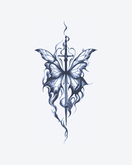 Winged Sword semi-permanent tattoo design by INKY – Butterfly, Wings, Sword illustration, 4 x 7 in (10x17 cm), available at inkytatt.com
