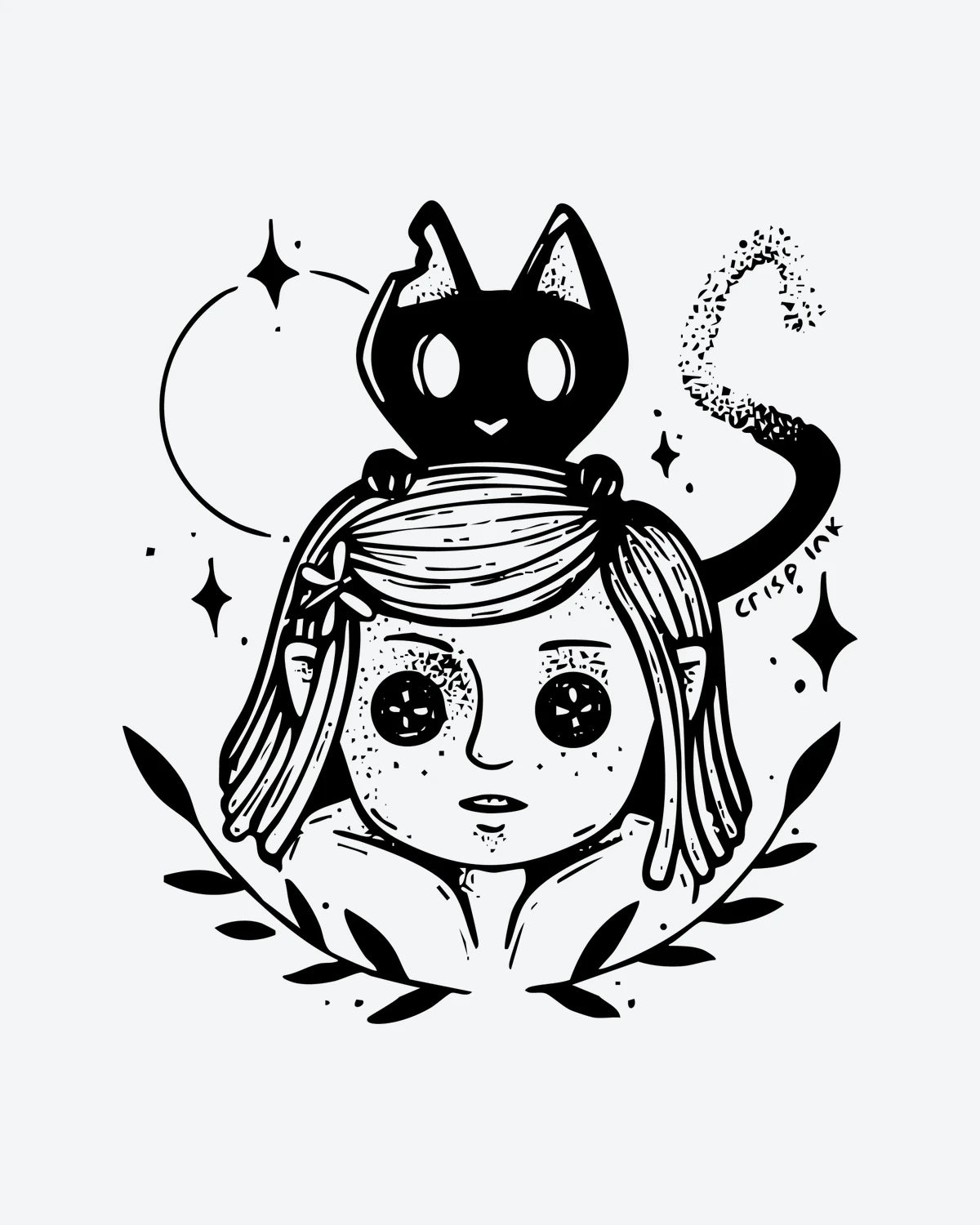 Button Eyes semi-permanent tattoo design by INKY – Cat, Star, Eye, Dotwork, Branches illustration, 3 x 3 in (7x7 cm), available at inkytatt.com