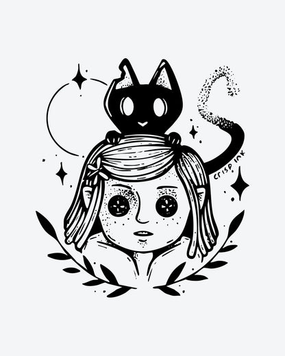 Button Eyes semi-permanent tattoo design by INKY – Cat, Star, Eye, Dotwork, Branches illustration, 3 x 3 in (7x7 cm), available at inkytatt.com