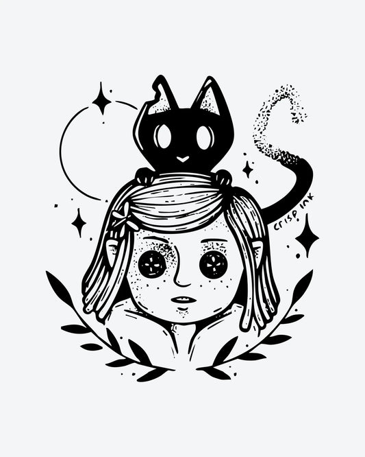 Button Eyes semi-permanent tattoo design by INKY – Cat, Star, Eye, Dotwork, Branches illustration, 3 x 3 in (7x7 cm), available at inkytatt.com