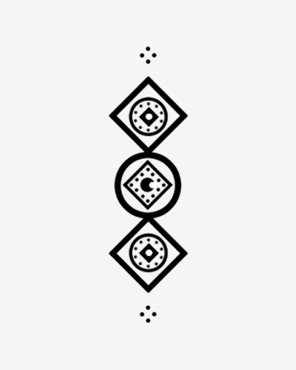 Geo Stack semi-permanent tattoo design by INKY – Crescent Moon, Diamond, Circle, Geometric, Dotwork illustration, 2 x 4 in (6x10 cm), available at inkytatt.com