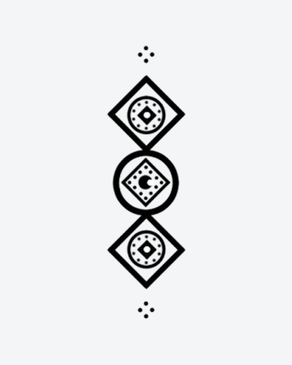 Geo Stack semi-permanent tattoo design by INKY – Crescent Moon, Diamond, Circle, Geometric, Dotwork illustration, 2 x 4 in (6x10 cm), available at inkytatt.com
