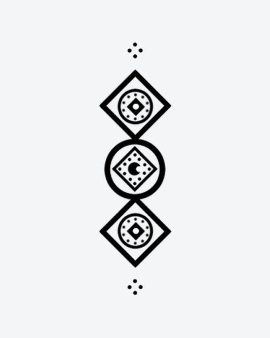Geo Stack semi-permanent tattoo design by INKY – Crescent Moon, Diamond, Circle, Geometric, Dotwork illustration, 2 x 4 in (6x10 cm), available at inkytatt.com