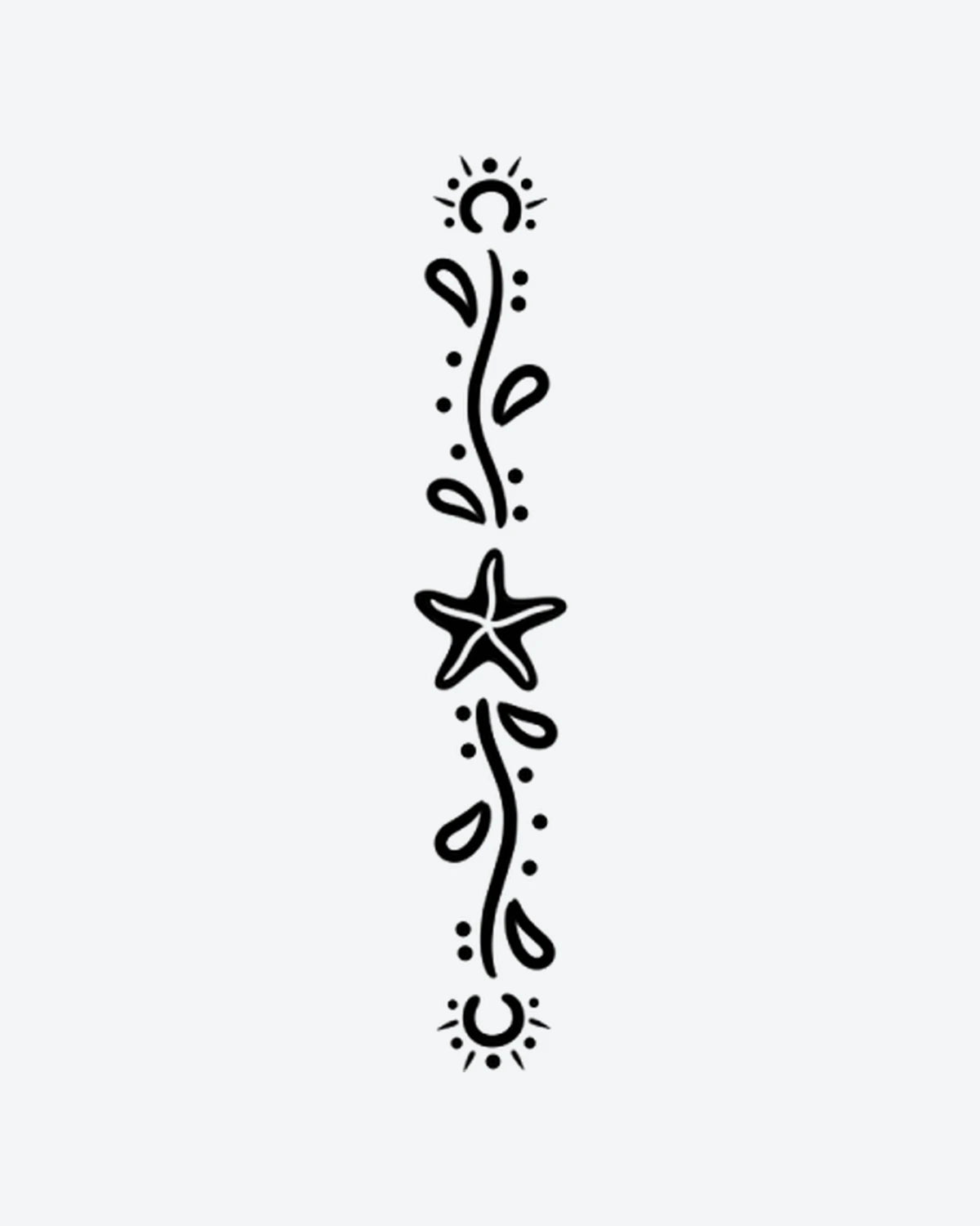 Sun Star Vine semi-permanent tattoo design by INKY – Sun, Moon, Leaves, Vine, Starfish illustration, 2 x 2 in (4x4 cm), available at inkytatt.com