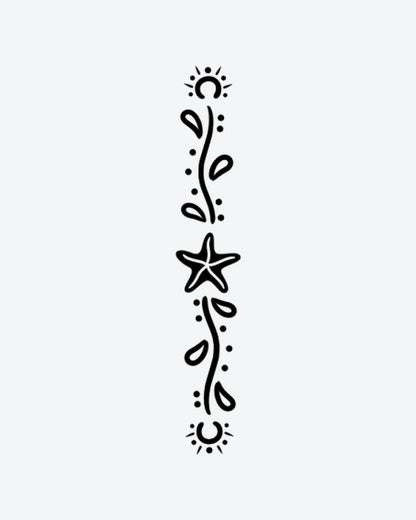 Sun Star Vine semi-permanent tattoo design by INKY – Sun, Moon, Leaves, Vine, Starfish illustration, 2 x 2 in (4x4 cm), available at inkytatt.com