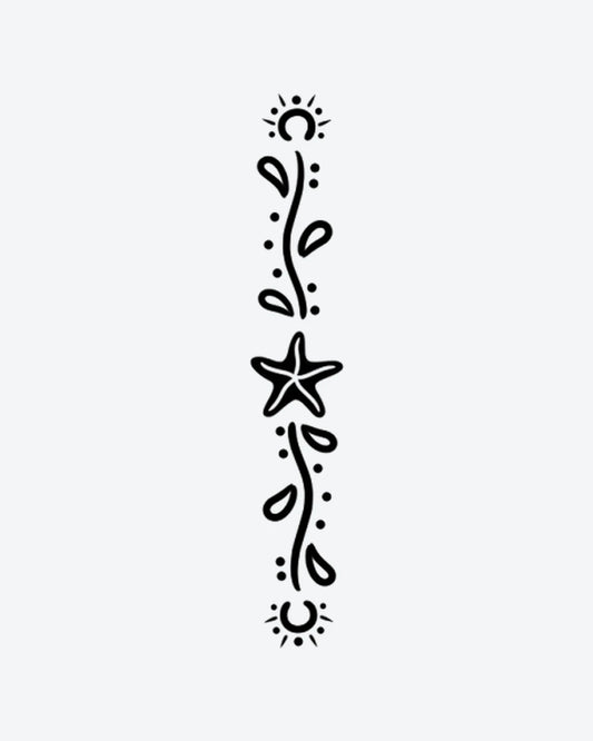 Sun Star Vine semi-permanent tattoo design by INKY – Sun, Moon, Leaves, Vine, Starfish illustration, 2 x 2 in (4x4 cm), available at inkytatt.com