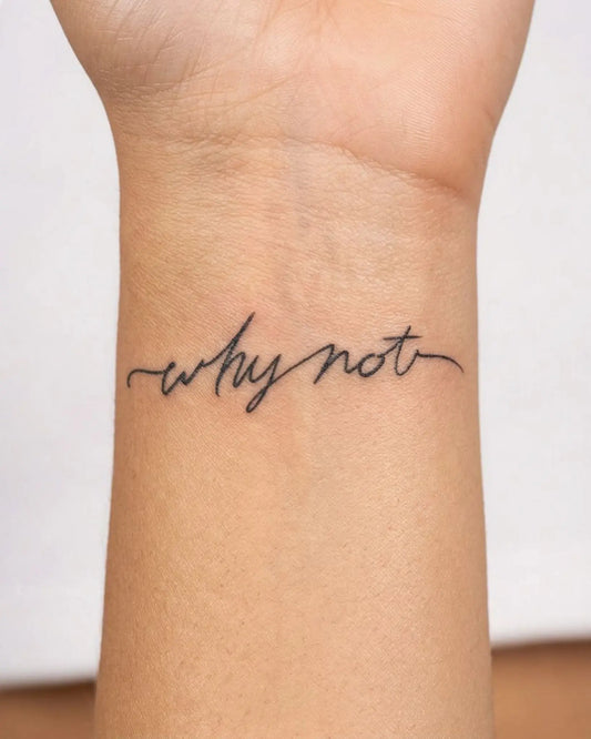 INKY Why Not semi-permanent tattoo applied on a woman – 2 x 2 in (4x4 cm) design, realistic ink look, lasts 10 days