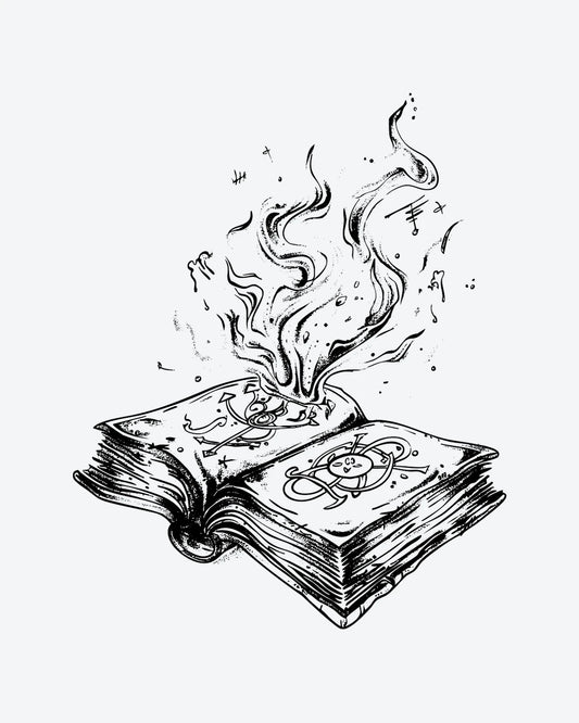 Magic Tome semi-permanent tattoo design by INKY – Line Art, Dotwork illustration, 3 x 3 in (7x7 cm), available at inkytatt.com