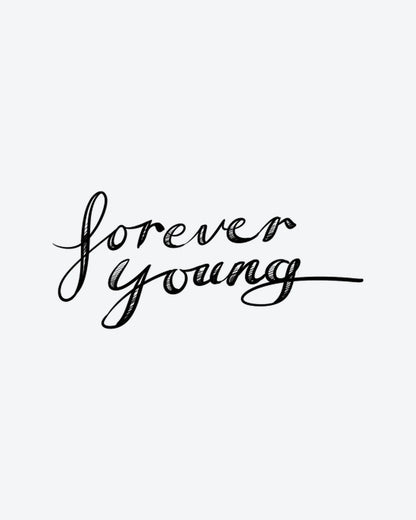 Forever Young semi-permanent tattoo design by INKY – Hand illustration, 2 x 2 in (4x4 cm), available at inkytatt.com