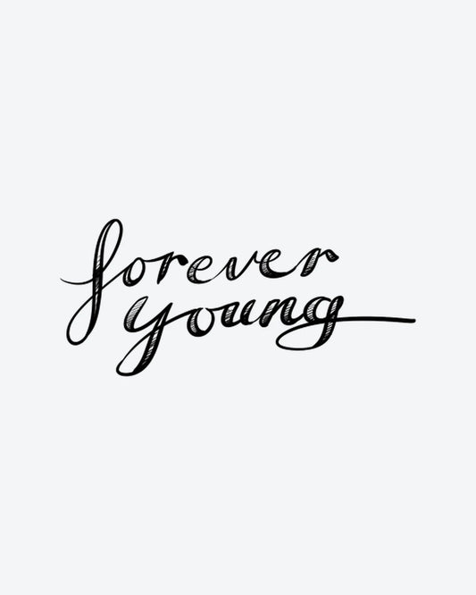 Forever Young semi-permanent tattoo design by INKY – Hand illustration, 2 x 2 in (4x4 cm), available at inkytatt.com