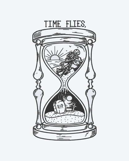 Time Flies semi-permanent tattoo design by INKY – Sun, Cross, Hourglass, Skeleton, Beach illustration, 2 x 4 in (6x10 cm), available at inkytatt.com
