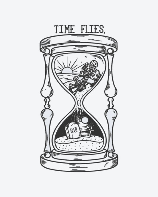 Time Flies semi-permanent tattoo design by INKY – Sun, Cross, Hourglass, Skeleton, Beach illustration, 2 x 4 in (6x10 cm), available at inkytatt.com