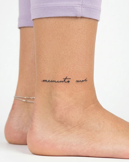 INKY Memento Mori 3 semi-permanent tattoo applied on a woman – 2 x 2 in (4x4 cm) design, realistic ink look, lasts 10 days