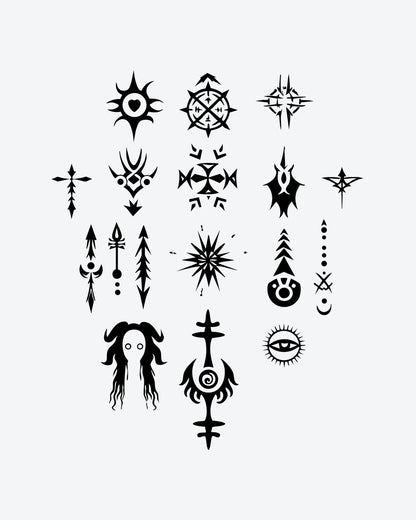 Mystic Symbol semi-permanent tattoo design by INKY – Starburst, Crosses, Arrow, Compass, Eye illustration, 3 x 3 in (7x7 cm), available at inkytatt.com