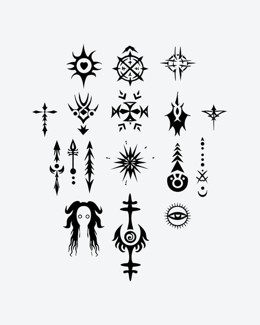 Mystic Symbol semi-permanent tattoo design by INKY – Starburst, Crosses, Arrow, Compass, Eye illustration, 3 x 3 in (7x7 cm), available at inkytatt.com