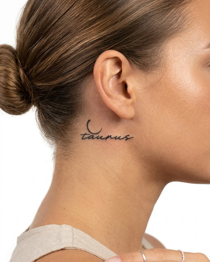 INKY Taurus semi-permanent tattoo applied on a woman – 2 x 2 in (4x4 cm) design, realistic ink look, lasts 10 days