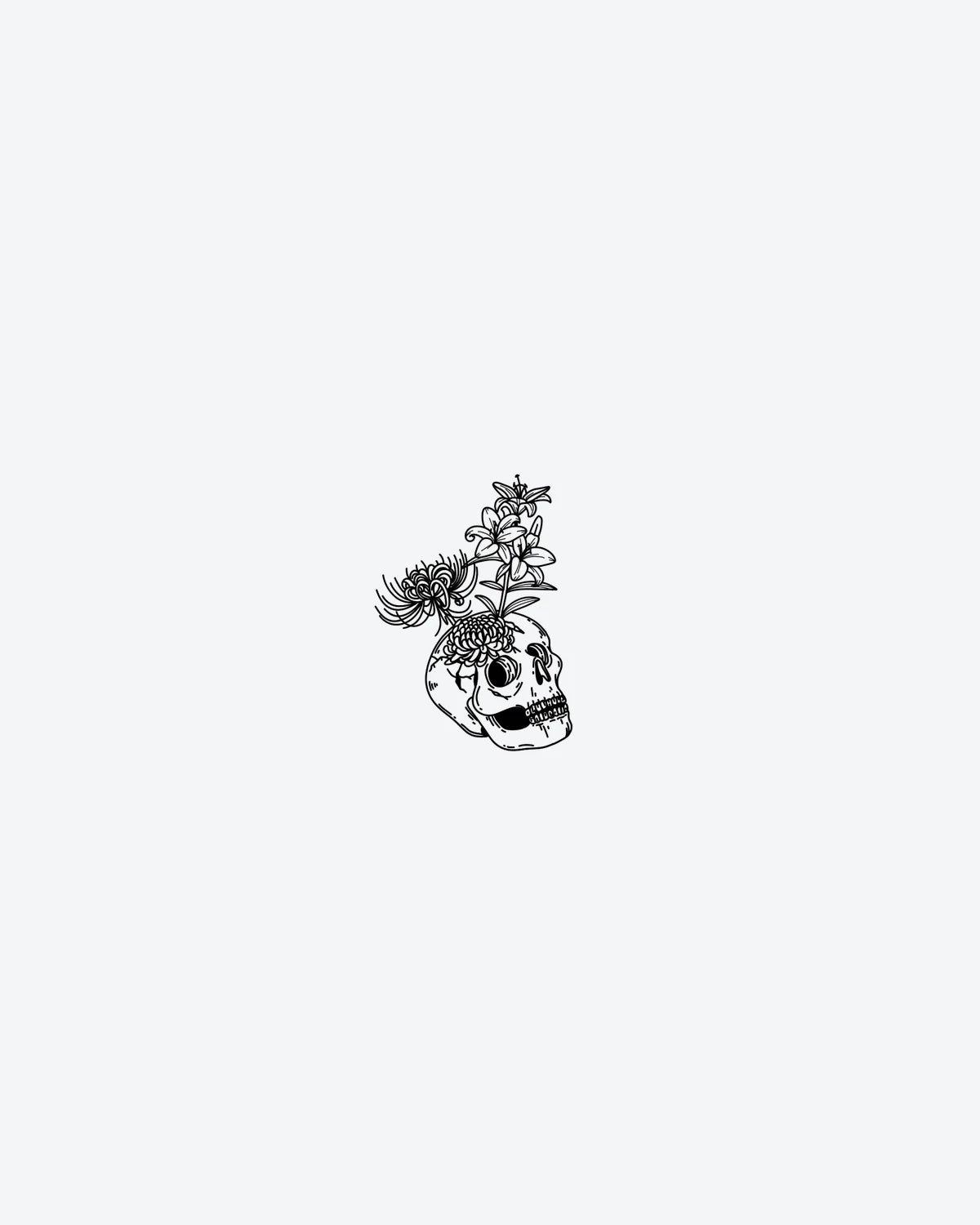 Skull Bloom 2 semi-permanent tattoo design by INKY – Line Art, Spider, Skull illustration, 2 x 2 in (4x4 cm), available at inkytatt.com
