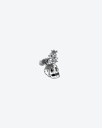 Skull Bloom 2 semi-permanent tattoo design by INKY – Line Art, Spider, Skull illustration, 2 x 2 in (4x4 cm), available at inkytatt.com