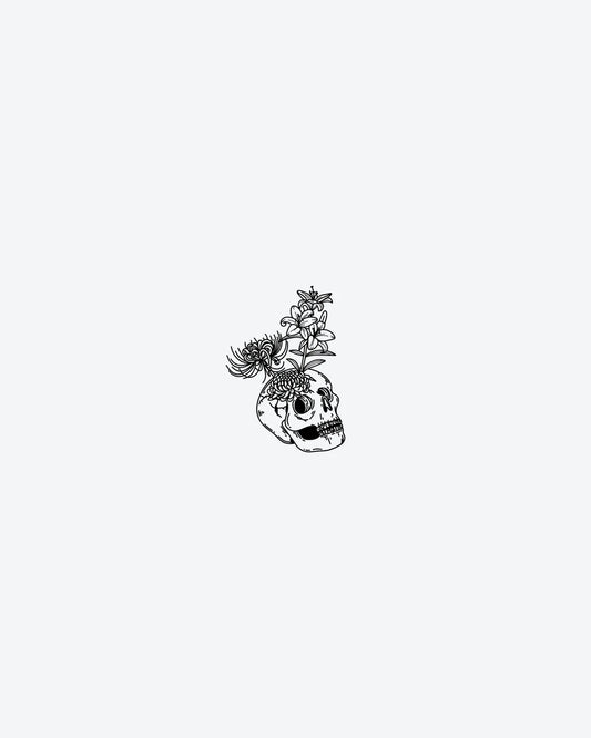 Skull Bloom 2 semi-permanent tattoo design by INKY – Line Art, Spider, Skull illustration, 2 x 2 in (4x4 cm), available at inkytatt.com