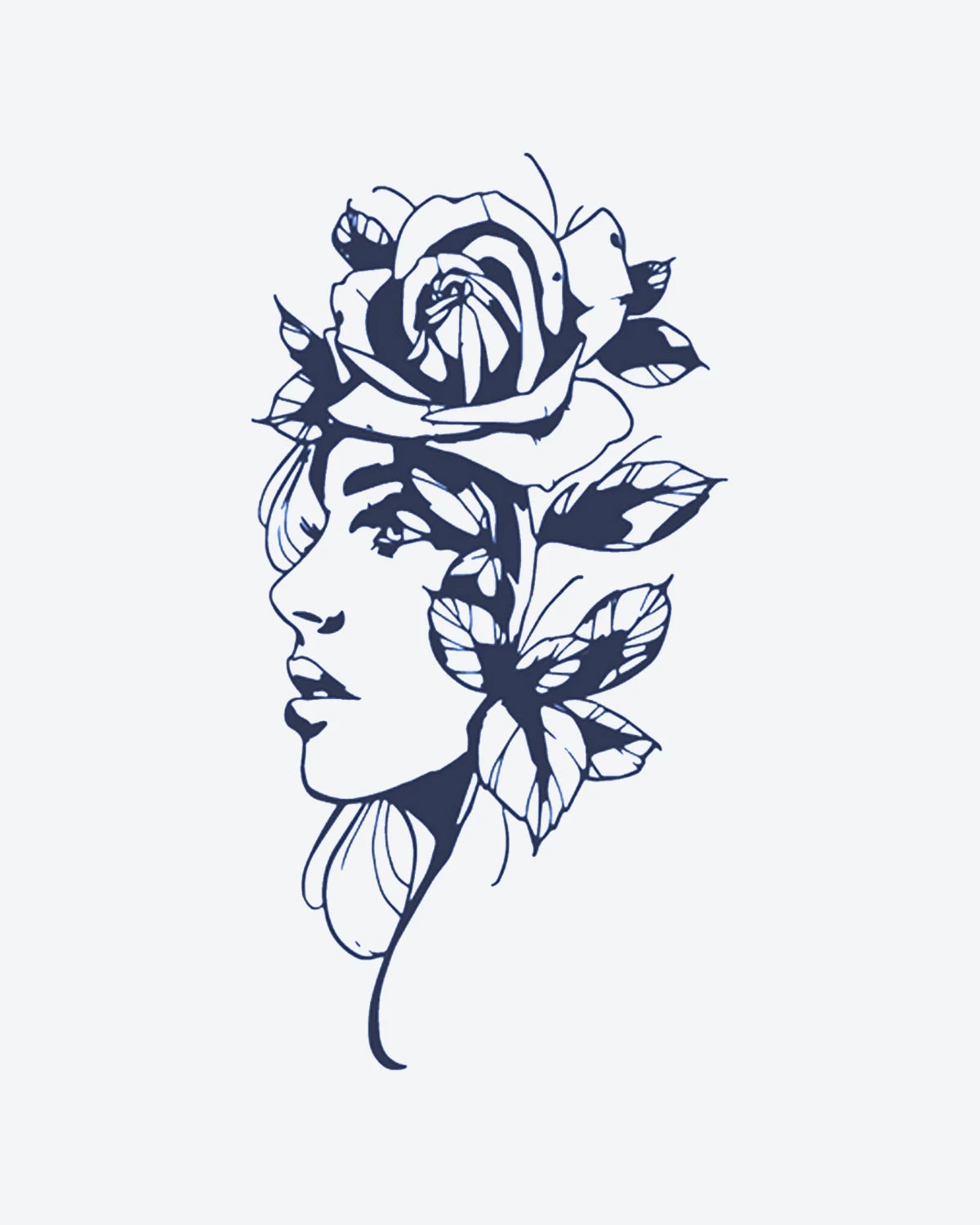 Bloom Femme semi-permanent tattoo design by INKY – Line Art, Rose, Leaves, Woman illustration, 3 x 4 in (7x10 cm), available at inkytatt.com