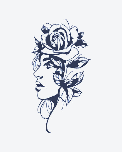 Bloom Femme semi-permanent tattoo design by INKY – Line Art, Rose, Leaves, Woman illustration, 3 x 4 in (7x10 cm), available at inkytatt.com