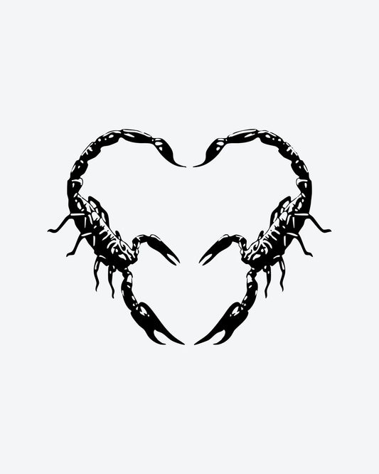 Scorpion Hear semi-permanent tattoo design by INKY – Scorpion, Heart, Silhouette illustration, 3 x 3 in (7x7 cm), available at inkytatt.com