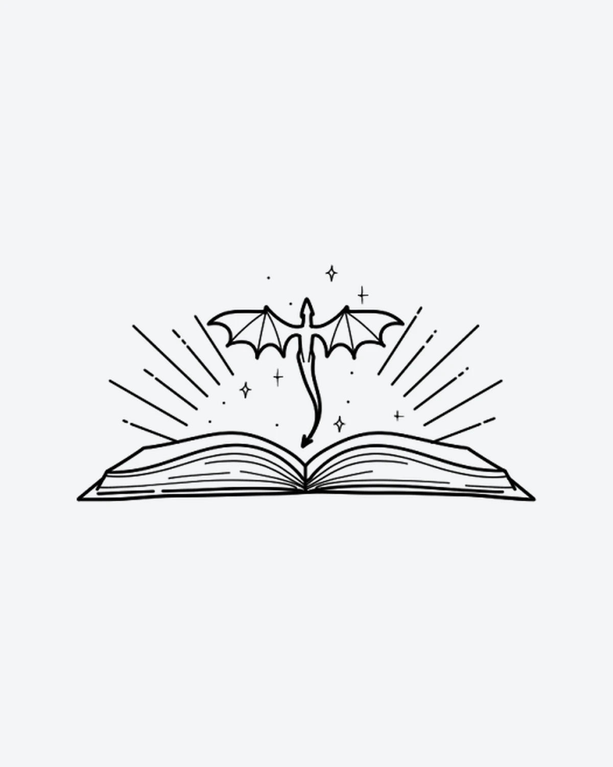 Book Dragon semi-permanent tattoo design by INKY – Fine Line, Dragon, Sparkle, Lines, Book illustration, 2 x 2 in (4x4 cm), available at inkytatt.com