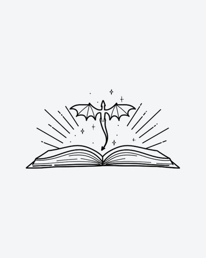 Book Dragon semi-permanent tattoo design by INKY – Fine Line, Dragon, Sparkle, Lines, Book illustration, 2 x 2 in (4x4 cm), available at inkytatt.com