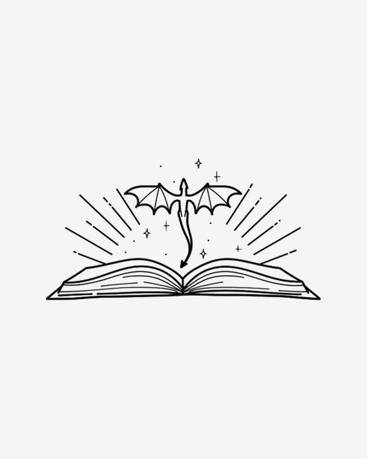 Book Dragon semi-permanent tattoo design by INKY – Fine Line, Dragon, Sparkle, Lines, Book illustration, 2 x 2 in (4x4 cm), available at inkytatt.com