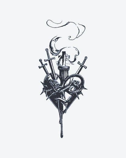 Sacred Swords semi-permanent tattoo design by INKY – Heart, Cross, Crown, Sword illustration, 2 x 4 in (6x10 cm), available at inkytatt.com